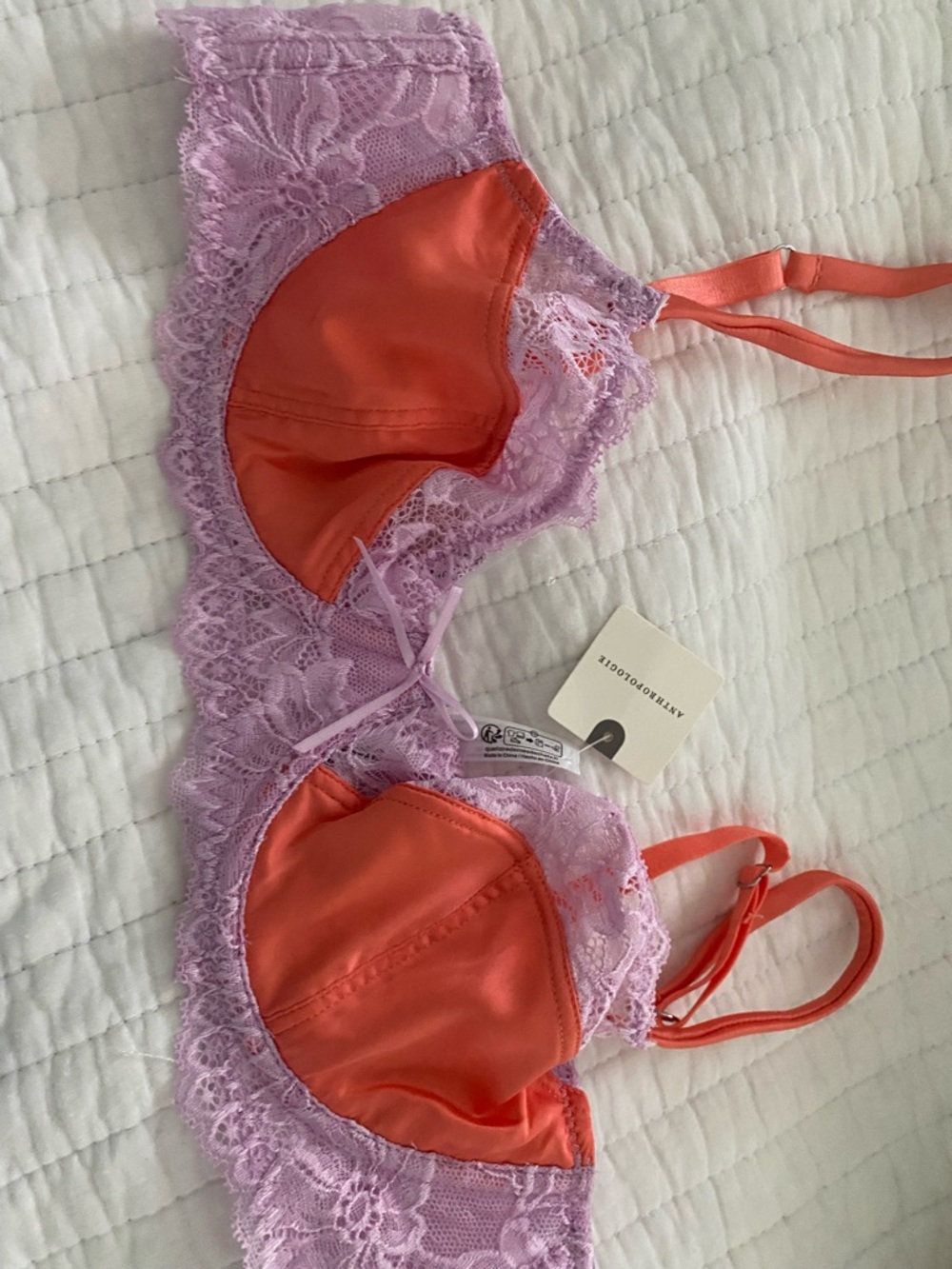 Anthropologie Lavender Lace Bra with Coral Satin Cups